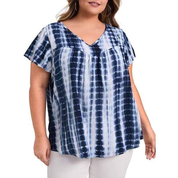 GRACE & GRANDEUR Blusas de Talla Grande para Mujeres con Mangas Cortas con Volantes, Camisetas de Escuela y Universidad, Escote en V, Plisadas, Tinte Anudado, 4X Azul Oscuro