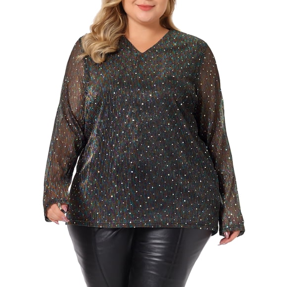 Agnes Orinda Conjuntos de Halloween Blusa Transparente con Brillo de Pedrería y Lentejuelas de Manga Larga con Escote en V para Mujer de Talla Grande 2X Negro