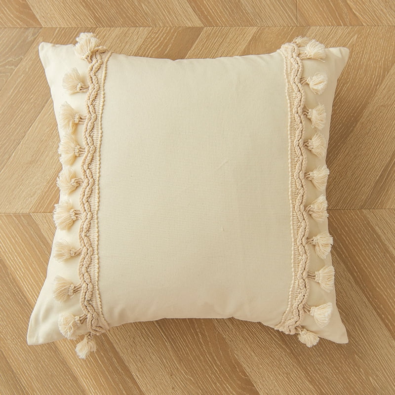 Xmhytop Almohada Decorativa Bohemia 17.7x17.7 Pulgadas, Tejida Con Borlas, Color Crema Y Blanco, Minimalista Neutral, Para Sofá (con Relleno), B