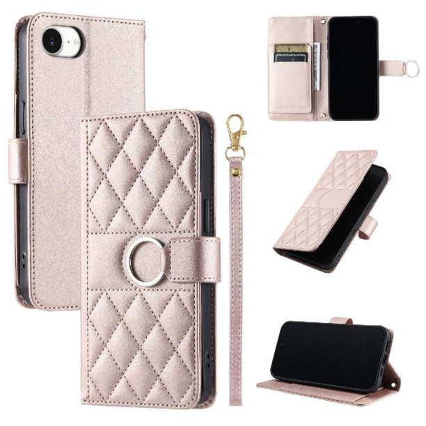 Funda Acolchada con Anilla y Correa para iPhone 16E Slots para Tarjetas Oro rosa
