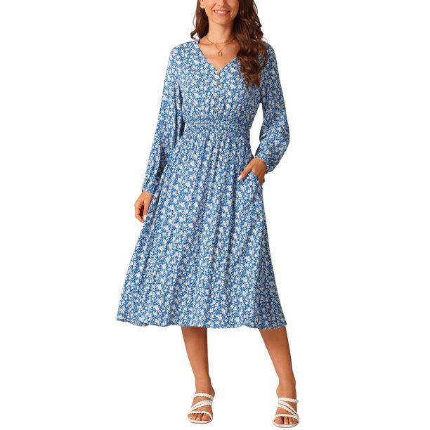 INSPIRE CHIC Vestidos de Otoño para Mujer de Manga Larga con Cuello en V Floral Bohemio Flowy Midi Vestido L Azul