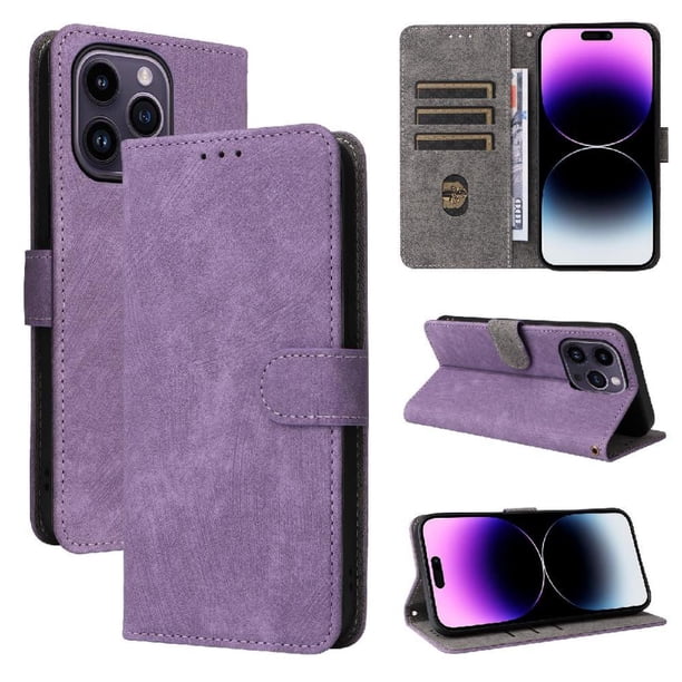 Funda Billetera para iPhone 14 Pro con Soporte - Cartera de Cuero con Ranuras Morado