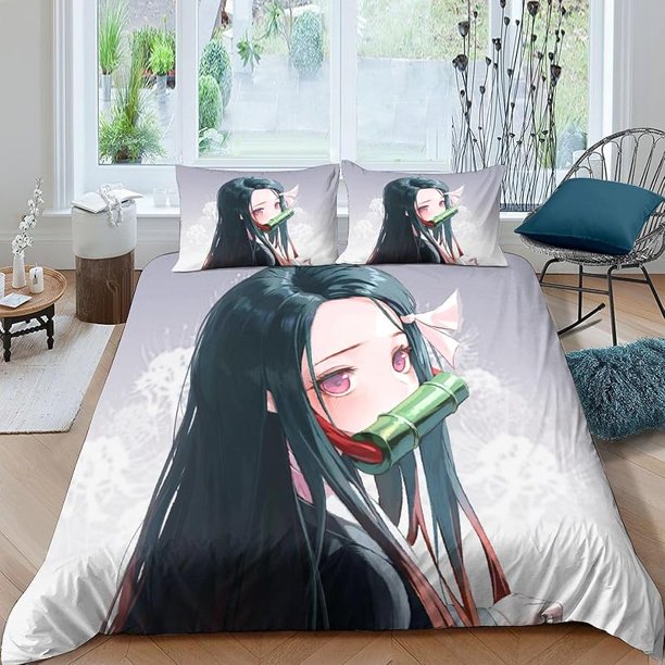 Cartoon -Bedding -Sets for- Kids Boys Girls -Anime Comforter Set- Nezuko Kamado -Japanese Anime- Duvet Cover 3 Pieces 1 Duvet- Cover and 2 Pillowcase Gift- for Him Twin173x218cm