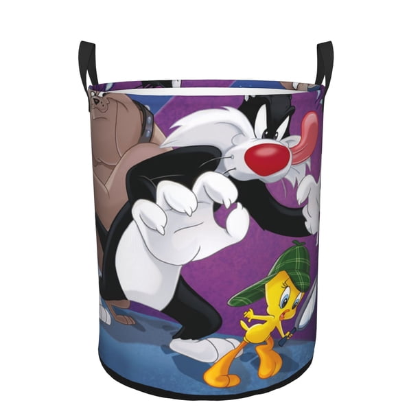 Sylvester y Piolín Cesta de lavandería de gran capacidad redonda con asa, bolsa para ropa sucia plegable, almacenamiento para dormitorio, baño y lavadero 44x35 cm