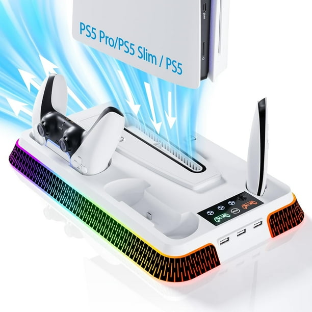 Estación de refrigeración PS5, soporte PS5 Pro RGB y soporte vertical con ventilador de refrigeración de 3 niveles, soporte de auriculares para PS5 Digital/Disc-blanco
