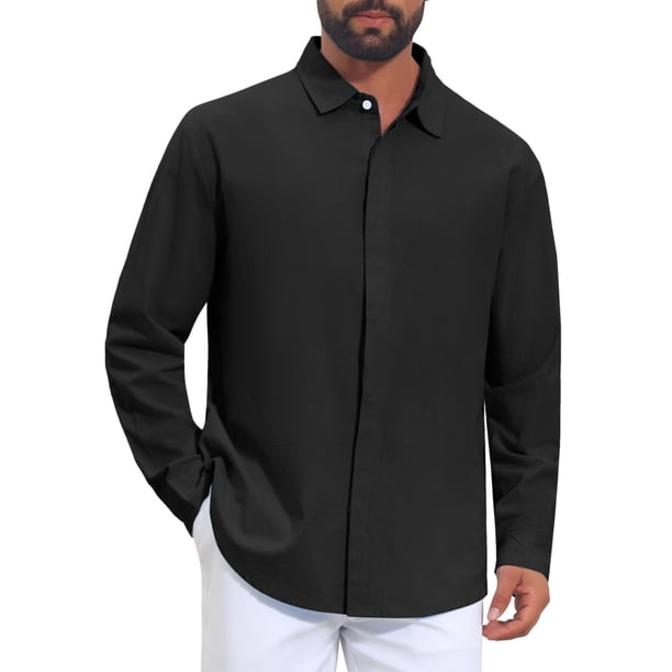 INSPIRE CHIC Regreso a Clases Camisa de Vestir de Lino Sólido de Manga Larga para Hombre M Negro