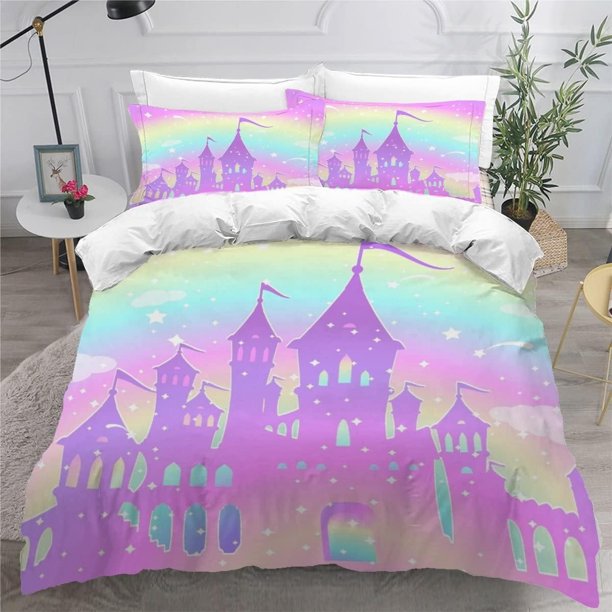 x866 Bed SheetsPrincess Castle Comforter Cover for Girls,Pink Garden Floral Duvet Cover Bedding Set, Fairy Tales Theme Bedspread Cover 3-Piece Bedding Set (1 Duvet Cover + 2 Pillow Shams) nj866