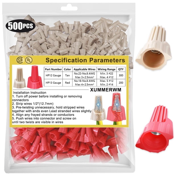 Tuercas de alambre XUMMERWM Twist-on 500 piezas (300 piezas 12 AWG bronceado + 200 piezas 13 AWG rojas)