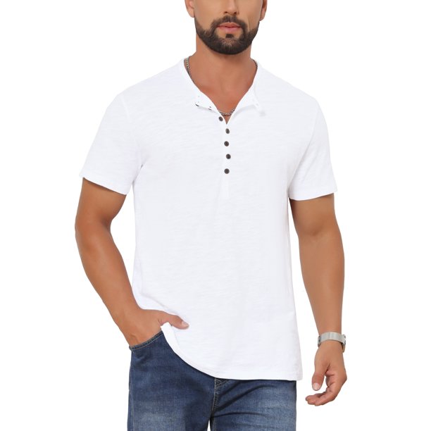 INSPIRE CHIC Camisa Henley de Manga Corta con Textura Retro para Hombre, Botones Abajo, Exterior, Talla L, Blanco