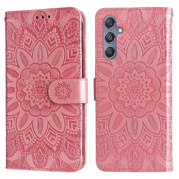 Funda tipo cartera FOXDOCK para Samsung Galaxy M34 5G , diseño girasol en relieve, cuero PU, cierre magnético, soporte y tarjetero