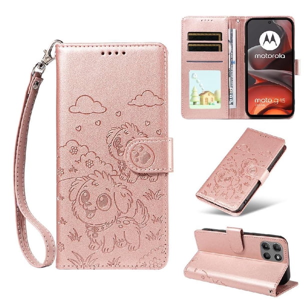 Funda Cartera para Motorola Moto G15/G15 Power Perro Cachorro Grabado con Tarjetas Soporte Correa Rosa