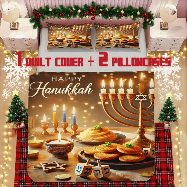Hanukkah Menorah Style Soft Printed Bedding Set Polyester Fabric Decorative & Warm