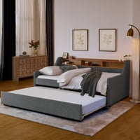 M&Ms - Twin Size Upholstery Sofa Bed With Three Led Lights, With Storage Adjustable Headboard, With Foldable Leg Pull Up Trundle Bed And Wireless Charging, Linen Padded Sofa Bed Frame, Grey