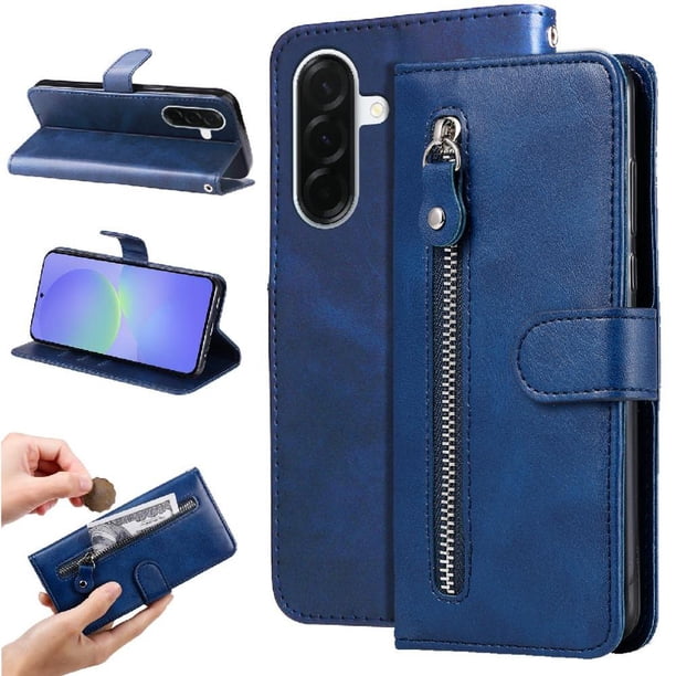 Funda tipo cartera para Samsung Galaxy A37 con bolsillo con cremallera y ranuras para tarjetas – Función de soporte Azul