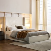 M&Ms - Carmen Upholstered Wingback Bed / Upholstered Platform Bed Frame / 52.3"" High Headboard / Simplicity / Minimalist / No Box Spring Needed / Easy Assembly / King/ Textured Ivory Canvas Chenille/No Noise