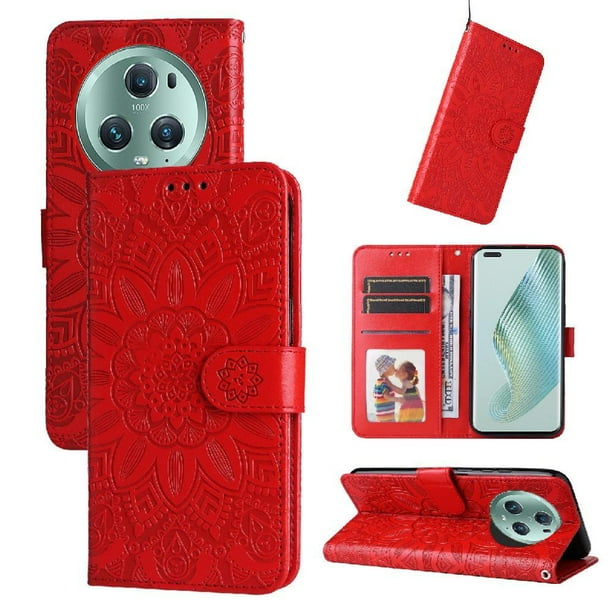 Funda tipo cartera FOXDOCK para Honor Magic 5 Pro , diseño girasol en relieve, cuero PU, cierre magnético, soporte y tarjetero