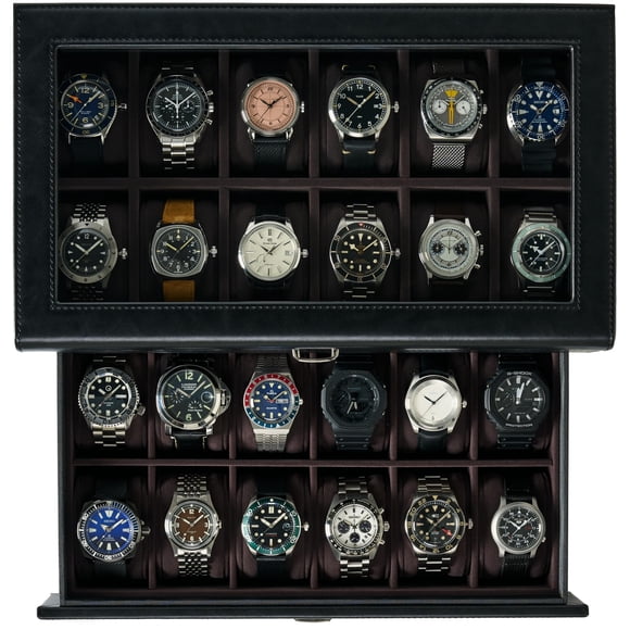 Caja para relojes TAWBURY Bayswater de 24 ranuras negro cuero PU