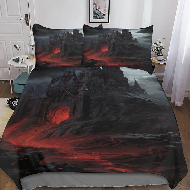 Juego de funda nórdica 3D Castillo Oscuro con diseño de arquitectura terrorífica. Juego de ropa de cama con funda de almohada y funda de cama de microfibra con cremallera.