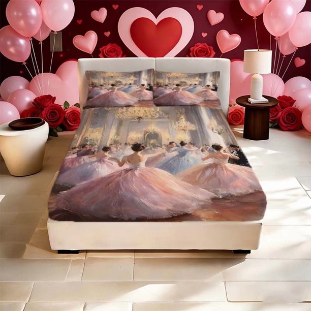Classical Ball Scene Printed Fitted Sheet Printed Fitted Sheet Soft Fitted Sheet And Two Pillowcases Suitable for All Seasons Ideal for Family Bedrooms And Gues