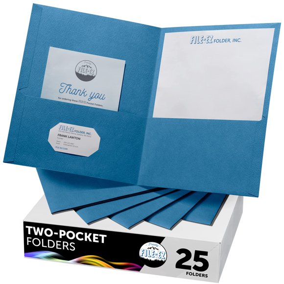 Carpeta FILE-EZ de papel texturizado azul claro con dos bolsillos, paquete de 25
