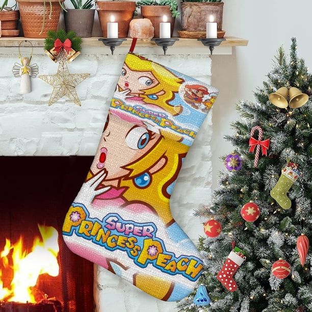 Princesa Peach Tema: Calcetines de Navidad, fino lino blanco para colgar en escaleras y chimenea, decoración navideña para el hogar, regalo de Navidad.54cm×38cm