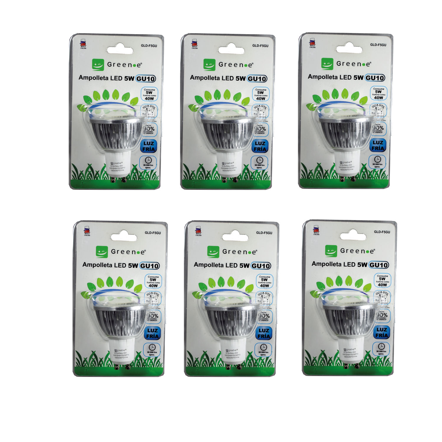 Green E - Ampolleta Led Gu10 / Luz Fría 5W / Pack 6 Unidades