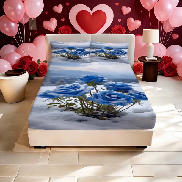 Blue Rose Snow Scene Printed Bed Sheet a Bed Sheet Set Which Is Both Fashionable And Warm And Romantic And Can Be Used in All Seasons! Ideal Family Friends Holi