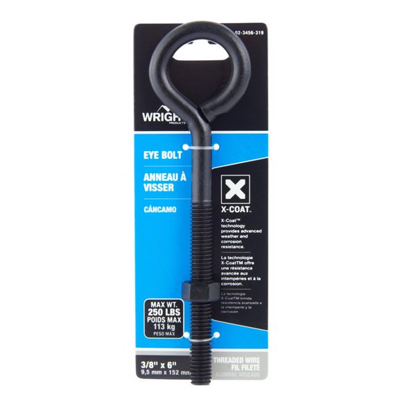Eyebolt Wright, acero negro, 3/8 pulgadas x 6 pulgadas con tuerca, 250 libras