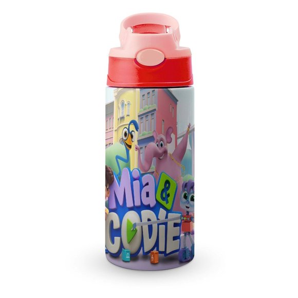 Mia y CodieBotella de Agua con Tapa Pop Top de Un Toque, Acero Inoxidable, a Prueba de Fugas, para Deportes, Botella Infantil rosa 12 oz