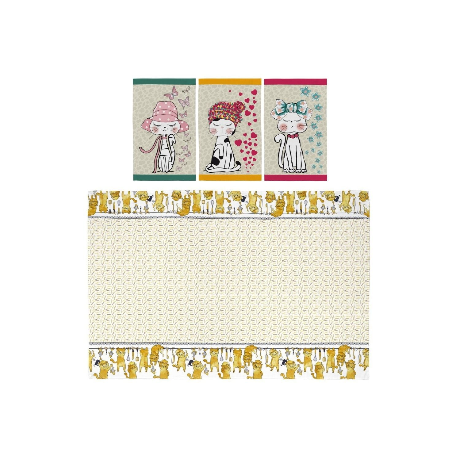 Teka - Set 3 Paños Cocina Y Mantel Gatitos