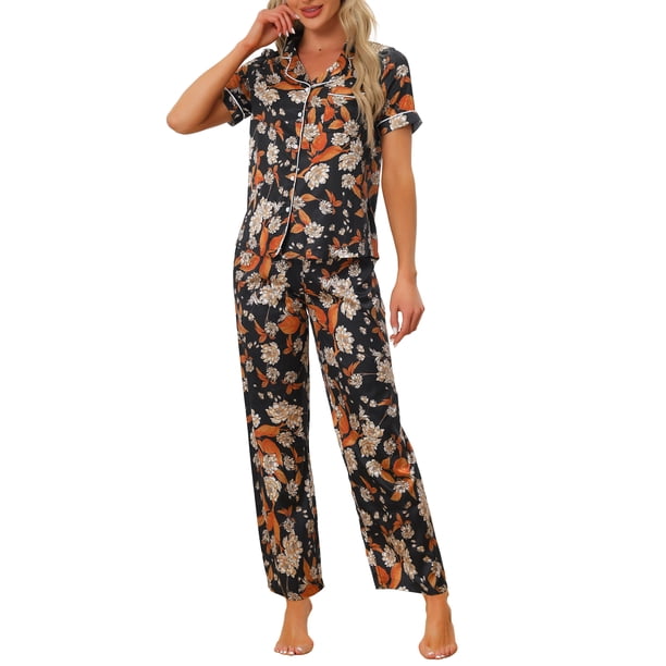 INSPIRE CHIC Conjunto de Pijama de Satén para Mujeres Regreso a Clases, Top de Manga Corta de Seda Floral y Pantalones 2 Piezas Pijamas S Negro-Naranja