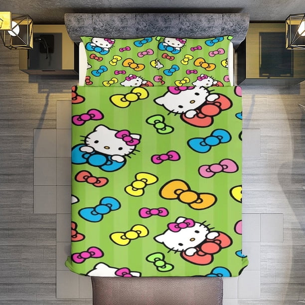 Green Hello Kitty Comforter Twin SizeComforter Set for Kids Girls3Pcs Bedding Set Printed Comforter with 2 PillowcasesDown AlternativeSoft and Lightweight Bed Sheets