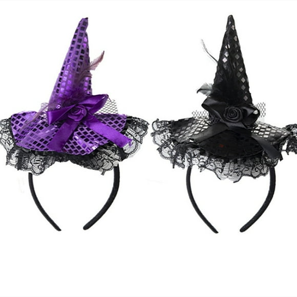 Pack 2 Diadema De Bruja Encaje Para Halloween Sombrero Bruja Negro + Morado. Diseños De Encaje, Flores Y Lentejuelas.