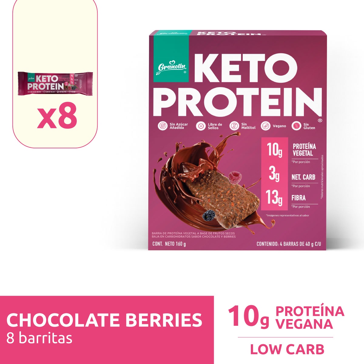Granolín - Keto Protein Pack 8 Barritas Sabor Chocolate Y Berries