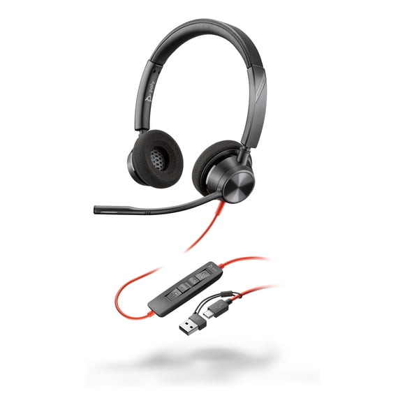 Auriculares estéreo USB-C Poly Blackwire 3320 + adaptador USB-C/A, Negro, 8X219AA
