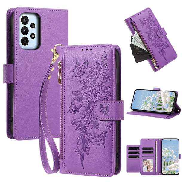 Funda Billetera Floral en Relieve samsung galaxy A23 4G con Tarjetero y Cremallera Morado