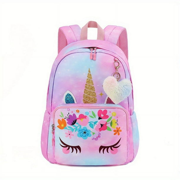 1pc Cute Unicorn Pattern Backpack, Girls School Backpacks Students Large Capacity Girl Bag, Fashion Gradient Color Bag With Cute Plush Pendant, Large-capacity Travel Bag