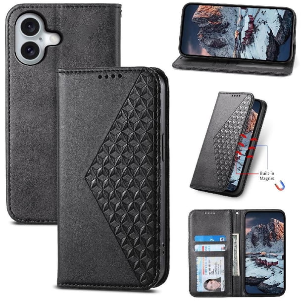 Funda Flip FOXDOCK para iPhone 16 Plus , Estilo Billetera con Diseño Rombo, Correa de Mano y Soporte, Uso Diario