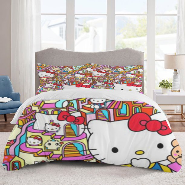 Hello Kitty Bedding Sets Cartoon Duvet Cover Lightweight 3 Piece Bet Sets for Kids Boys Girls