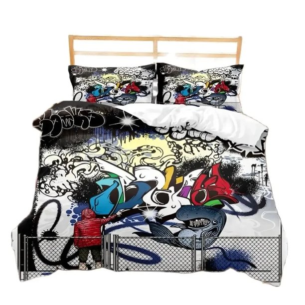 Hippie Graffiti Bedding Set Teens Adults Hip Hop Duvet Cover Set King Queen Size Youth Comforter Cover Modern Street Art CoverBed Sheets