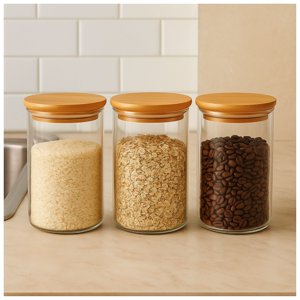Disparo - Set 3 Frascos Hermeticos 860Ml 12Cm Redondo Cuchara Tapa Bambú