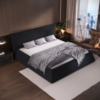 M&Ms - King Size Upholstered Platform Bed With Special Shaped Velvet Headboard, Metal & Solid Wood Frame,Black