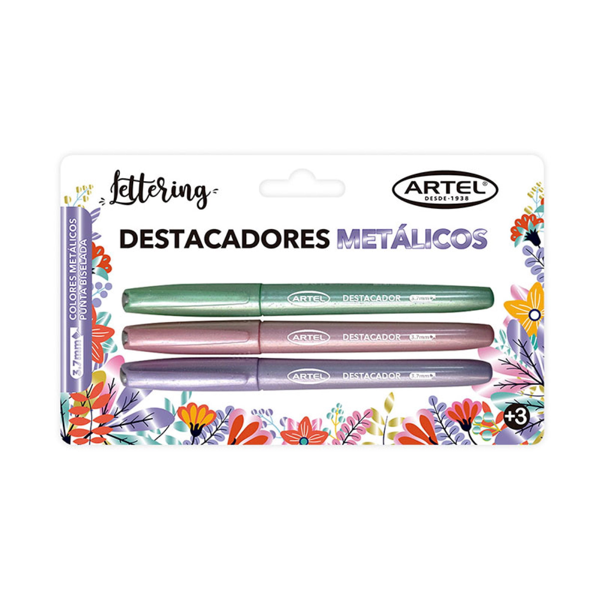 Destacadores Metálicos 3 Unidades. Tinta Secado Rápido, Sin Olor Artel