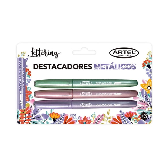 Destacadores Metálicos 3 unidades. Tinta secado rápido, sin olor