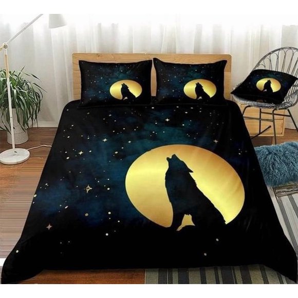 Howling Wolf In Golden Moon Stars Quilt Duvet Cover Set Pillowcase Bedclothes3-Piece Bedding Set