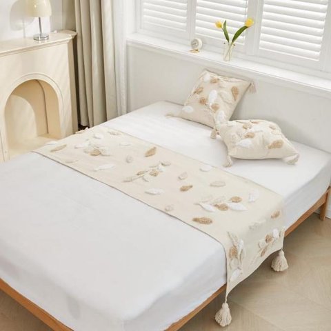 Homestore - Piecera De Cama Boho Crudo Hojas 210 X 60 Cm + 2 Fundas 45 X 45 Cm