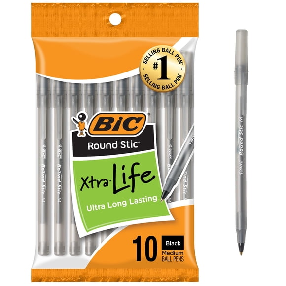 Bolígrafos Round Stic Xtra Life Negros Tamaño Mediano Paquete De 10