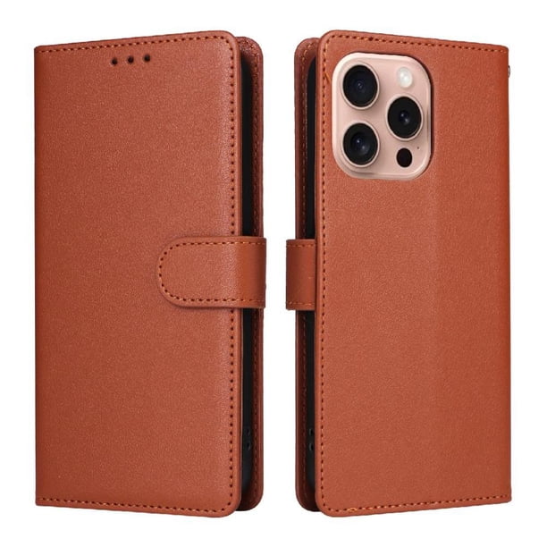 Funda Cartera para iPhone 16 Pro con Tarjetero, Soporte y Cordón - Protección Marrón