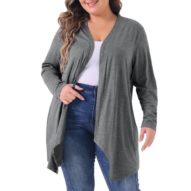Agnes Orinda Cárdigan Talla Grande para Mujeres Escuela Universidad Manga Larga Abierto Ligero Bajo Alto Dobladillo Cubiertas 1X Gris