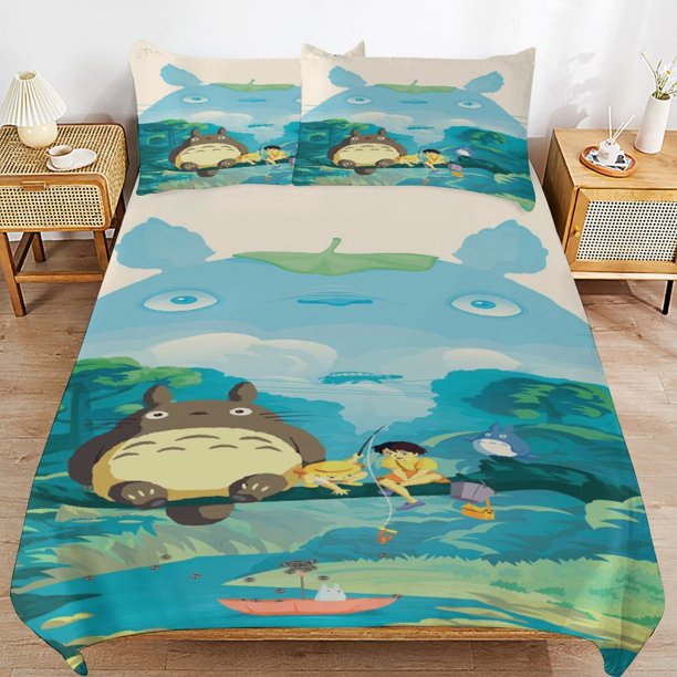 x114 My Neighbor Totoro Bed Duvet Cover Microfiber Bedding Sets 3D Printed Lightweight 3 Piece Comforter Sets, 1 Duvet Cover And 2 Pillow Shams for Kids Boys Girls 79"x90" jn114